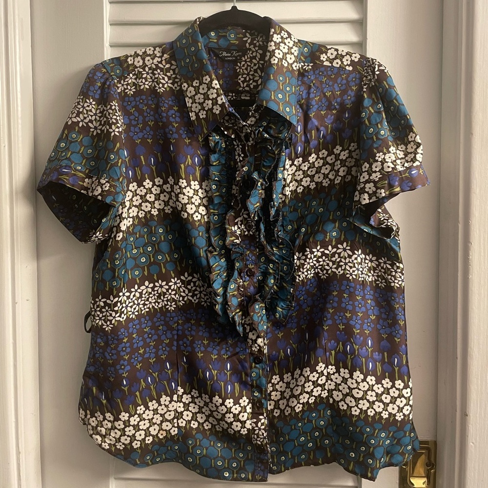 Marina Kaneva Vintage 90s Y2K Peplum Blouse, Vertical Ruffle Trim,Puff Sleeves